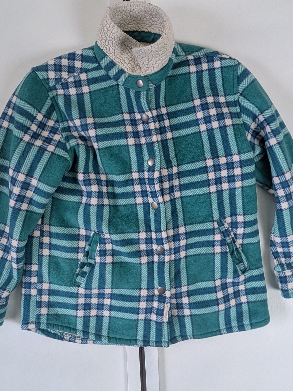 Kids Teal Plaid Sherpa Collar Snap-Front Jacket